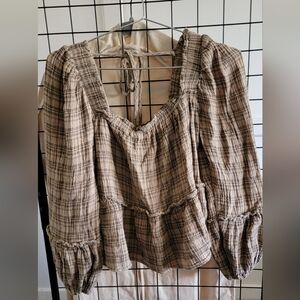 Stitch & Feather Plaid Puff Sleeve Women's Top Size Small